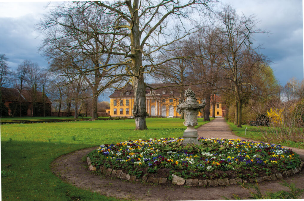 Mosigkau Palace, a yellow building in the background behind bare trees, with a round flower bed of spring blooms and an ornamental stone urn on a pedestal in the foreground